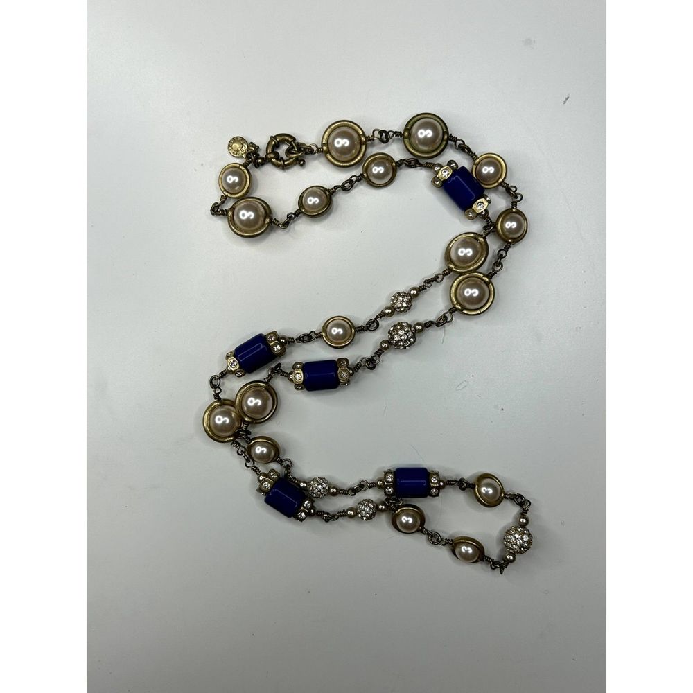 RARE J. Crew Blue Barrel Bead and Imitation Pearl Gold Tone Necklace